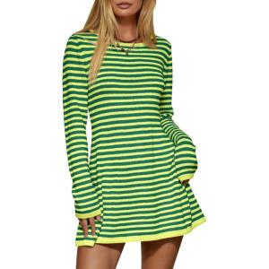 Saodimallsu Womens Striped Pullover Sweater Crew Neck Fall Long Sleeve Trendy Casual Ribbed Knit Tunic Mini Dress(Green)