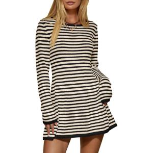 Saodimallsu Womens Striped Pullover Sweater Crew Neck Fall Long Sleeve Trendy Casual Ribbed Knit Tunic Mini Dress(Light Khaki)