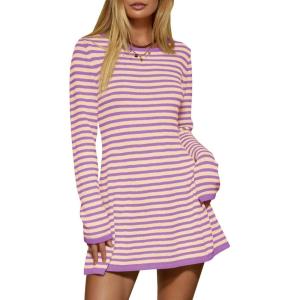 Saodimallsu Womens Striped Pullover Sweater Crew Neck Fall Long Sleeve Trendy Casual Ribbed Knit Tunic Mini Dress(Purple)