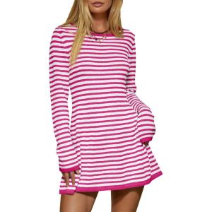 Saodimallsu Womens Striped Pullover Sweater Crew Neck Fall Long Sleeve Trendy Casual Ribbed Knit Tunic Mini Dress(Rose Red)