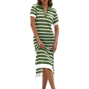 Saodimallsu Womens Striped Summer Dresses V Neck Collared Short Sleeve Loose Knit Slit Midi Sweater Dress(Army Green)