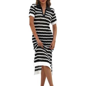 Saodimallsu Womens Striped Summer Dresses V Neck Collared Short Sleeve Loose Knit Slit Midi Sweater Dress(Black)