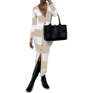 Saodimallsu Womens Striped Sweater Dress Button V Neck Long Sleeve Knit Fall Trendy Bodycon Midi Dresses Cardigans(Apricot)