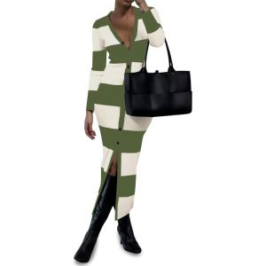 Saodimallsu Womens Striped Sweater Dress Button V Neck Long Sleeve Knit Fall Trendy Bodycon Midi Dresses Cardigans(Army Green)