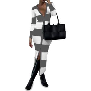 Saodimallsu Womens Striped Sweater Dress Button V Neck Long Sleeve Knit Fall Trendy Bodycon Midi Dresses Cardigans(Gray)