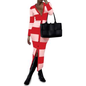 Saodimallsu Womens Striped Sweater Dress Button V Neck Long Sleeve Knit Fall Trendy Bodycon Midi Dresses Cardigans(Red)
