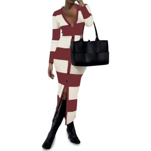 Saodimallsu Womens Striped Sweater Dress Button V Neck Long Sleeve Knit Fall Trendy Bodycon Midi Dresses Cardigans(Wine Red)