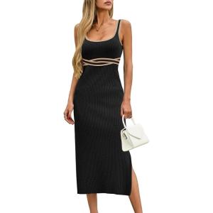 Saodimallsu Womens Summer Bodycon Midi Dress Sleeveless Square Neck Color Block Side Slit Ribbed Knit Sweater Tank Dresses(Black)