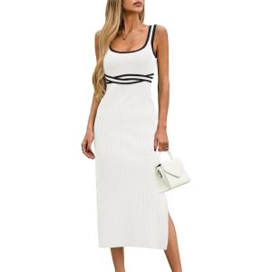 Saodimallsu Womens Summer Bodycon Midi Dress Sleeveless Square Neck Color Block Side Slit Ribbed Knit Sweater Tank Dresses(White)