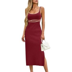 Saodimallsu Womens Summer Bodycon Midi Dress Sleeveless Square Neck Color Block Side Slit Ribbed Knit Sweater Tank Dresses(Wine Red)
