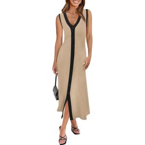 Saodimallsu Womens Summer Button Down Sweater Dresses Sleeveless V Neck Casual Ribbed Knit Color Block Midi Tank Dress(Apricot)