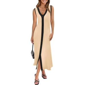 Saodimallsu Womens Summer Button Down Sweater Dresses Sleeveless V Neck Casual Ribbed Knit Color Block Midi Tank Dress(Beige)