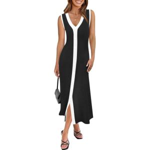 Saodimallsu Womens Summer Button Down Sweater Dresses Sleeveless V Neck Casual Ribbed Knit Color Block Midi Tank Dress(Black)