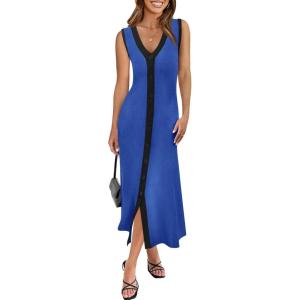 Saodimallsu Womens Summer Button Down Sweater Dresses Sleeveless V Neck Casual Ribbed Knit Color Block Midi Tank Dress(Blue)