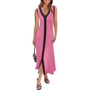 Saodimallsu Womens Summer Button Down Sweater Dresses Sleeveless V Neck Casual Ribbed Knit Color Block Midi Tank Dress(Bright Pink)