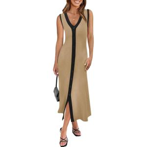 Saodimallsu Womens Summer Button Down Sweater Dresses Sleeveless V Neck Casual Ribbed Knit Color Block Midi Tank Dress(Khaki)