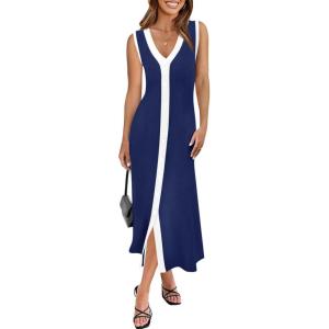 Saodimallsu Womens Summer Button Down Sweater Dresses Sleeveless V Neck Casual Ribbed Knit Color Block Midi Tank Dress(Navy)