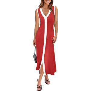 Saodimallsu Womens Summer Button Down Sweater Dresses Sleeveless V Neck Casual Ribbed Knit Color Block Midi Tank Dress(Red)