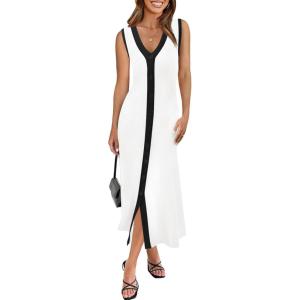 Saodimallsu Womens Summer Button Down Sweater Dresses Sleeveless V Neck Casual Ribbed Knit Color Block Midi Tank Dress(White)