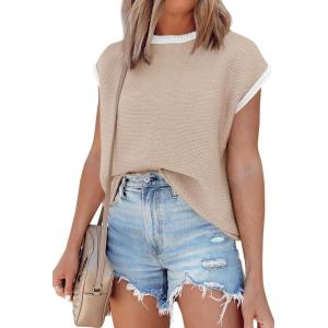 Saodimallsu Womens Summer Cap Sleeve Knit Tops Casual Sleeveless Sweater Vest Crew Neck Color Block 2025 Trendy Tank Top(Apricot)