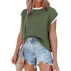 Saodimallsu Womens Summer Cap Sleeve Knit Tops Casual Sleeveless Sweater Vest Crew Neck Color Block 2025 Trendy Tank Top(Army Green)