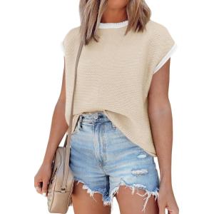 Saodimallsu Womens Summer Cap Sleeve Knit Tops Casual Sleeveless Sweater Vest Crew Neck Color Block 2025 Trendy Tank Top(Beige)