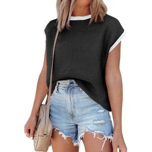 Saodimallsu Womens Summer Cap Sleeve Knit Tops Casual Sleeveless Sweater Vest Crew Neck Color Block 2025 Trendy Tank Top(Black)