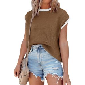 Saodimallsu Womens Summer Cap Sleeve Knit Tops Casual Sleeveless Sweater Vest Crew Neck Color Block 2025 Trendy Tank Top(Coffee)
