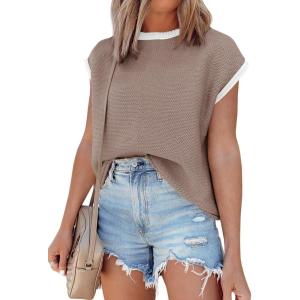 Saodimallsu Womens Summer Cap Sleeve Knit Tops Casual Sleeveless Sweater Vest Crew Neck Color Block 2025 Trendy Tank Top(Dark Khaki)