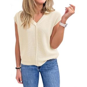 Saodimallsu Womens Summer Cap Sleeve Tops V Neck Casual Loose Fit Knit Lightweight Going Out Sweater Pullover Top(Apricot)