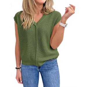 Saodimallsu Womens Summer Cap Sleeve Tops V Neck Casual Loose Fit Knit Lightweight Going Out Sweater Pullover Top(Army Green)