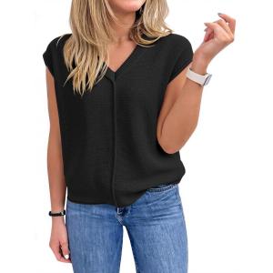 Saodimallsu Womens Summer Cap Sleeve Tops V Neck Casual Loose Fit Knit Lightweight Going Out Sweater Pullover Top(Black)