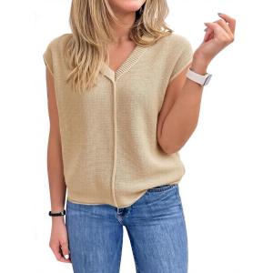 Saodimallsu Womens Summer Cap Sleeve Tops V Neck Casual Loose Fit Knit Lightweight Going Out Sweater Pullover Top(Khaki)