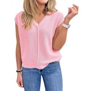 Saodimallsu Womens Summer Cap Sleeve Tops V Neck Casual Loose Fit Knit Lightweight Going Out Sweater Pullover Top(Pink)