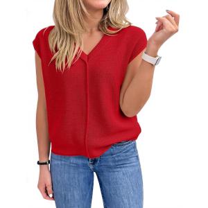 Saodimallsu Womens Summer Cap Sleeve Tops V Neck Casual Loose Fit Knit Lightweight Going Out Sweater Pullover Top(Red)