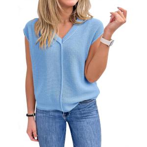 Saodimallsu Womens Summer Cap Sleeve Tops V Neck Casual Loose Fit Knit Lightweight Going Out Sweater Pullover Top(Sky Blue)