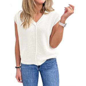 Saodimallsu Womens Summer Cap Sleeve Tops V Neck Casual Loose Fit Knit Lightweight Going Out Sweater Pullover Top(White)