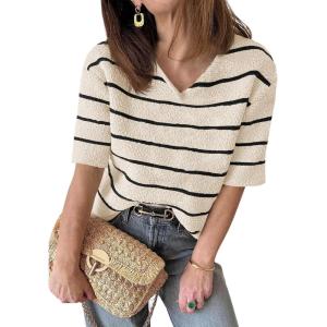 Saodimallsu Womens Summer Short Sleeve Sweater Tops Striped V Neck T Shirts Casual Loose Fit 2025 Trendy Knit Top(Beige)