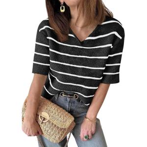Saodimallsu Womens Summer Short Sleeve Sweater Tops Striped V Neck T Shirts Casual Loose Fit 2025 Trendy Knit Top(Black)