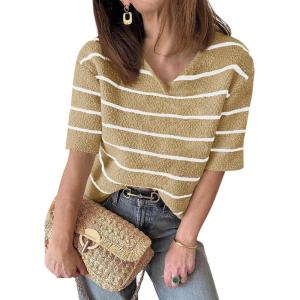 Saodimallsu Womens Summer Short Sleeve Sweater Tops Striped V Neck T Shirts Casual Loose Fit 2025 Trendy Knit Top(Khaki)