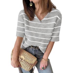 Saodimallsu Womens Summer Short Sleeve Sweater Tops Striped V Neck T Shirts Casual Loose Fit 2025 Trendy Knit Top(Light Gray)