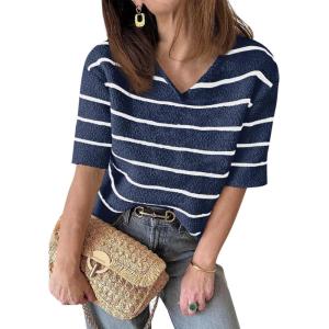 Saodimallsu Womens Summer Short Sleeve Sweater Tops Striped V Neck T Shirts Casual Loose Fit 2025 Trendy Knit Top(Navy)