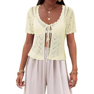 Saodimallsu Womens Tie Crochet Shrug Short Sleeve Cropped Summer Lightweight Knit Cardigan Bolero Sweater Cover Ups(Beige)