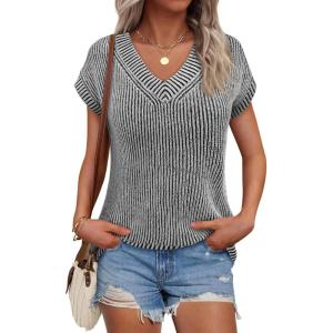 Saodimallsu Womens V Neck Short Sleeve Sweater Summer Lightweight Cap Sleeve Casual Loose Knit Pullover Tank Tops(Black)