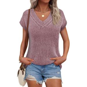 Saodimallsu Womens V Neck Short Sleeve Sweater Summer Lightweight Cap Sleeve Casual Loose Knit Pullover Tank Tops(Burgundy)