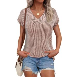 Saodimallsu Womens V Neck Short Sleeve Sweater Summer Lightweight Cap Sleeve Casual Loose Knit Pullover Tank Tops(Coffee)
