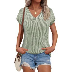 Saodimallsu Womens V Neck Short Sleeve Sweater Summer Lightweight Cap Sleeve Casual Loose Knit Pullover Tank Tops(Green)