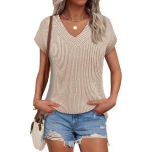 Saodimallsu Womens V Neck Short Sleeve Sweater Summer Lightweight Cap Sleeve Casual Loose Knit Pullover Tank Tops(Khaki)