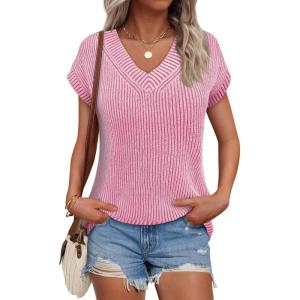 Saodimallsu Womens V Neck Short Sleeve Sweater Summer Lightweight Cap Sleeve Casual Loose Knit Pullover Tank Tops(Pink)