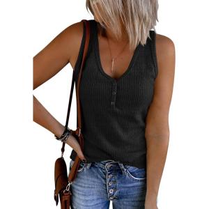 Saodimallsu Womens V Neck Tank Tops Summer Ribbed Sleeveless Henley Shirts Casual Loose Button Up Cami Knit Tees(Black)